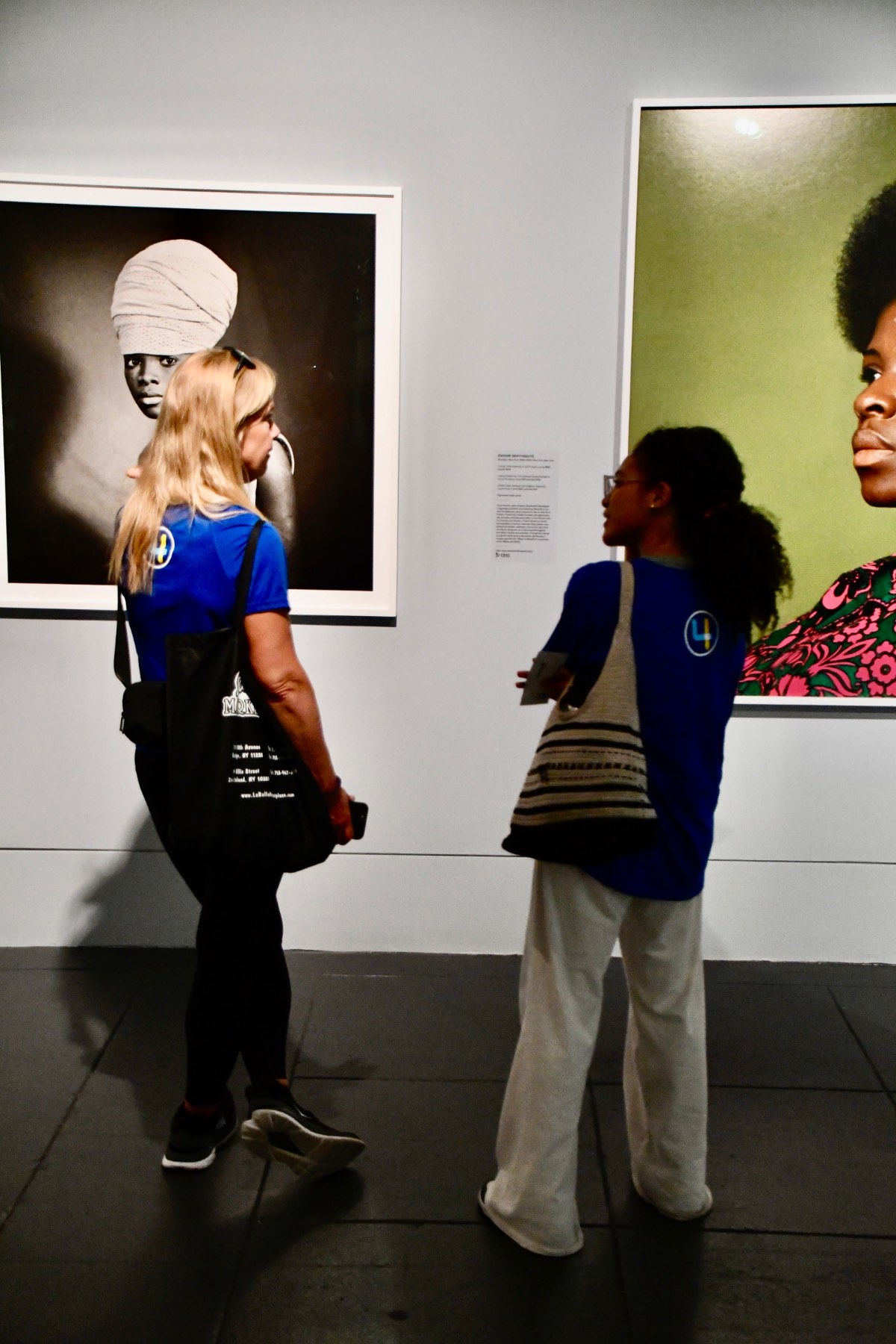 A participant and a coach talking about a photograph in the museum gallery